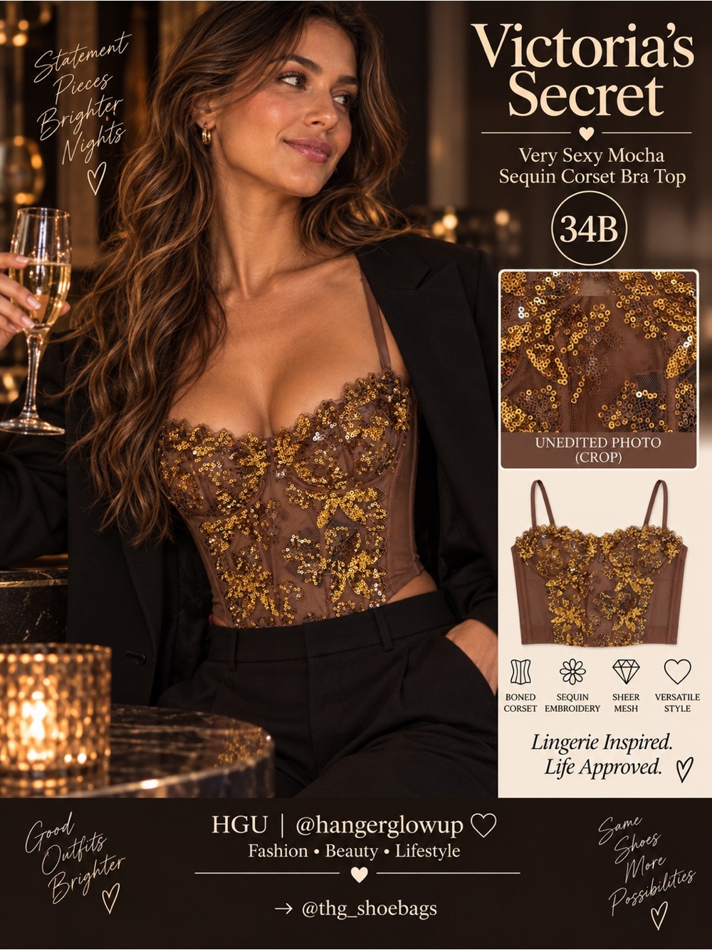 Victoria’s Secret Very Sexy Mocha Gold Sequin Corset Bra Top 34B NWOT
